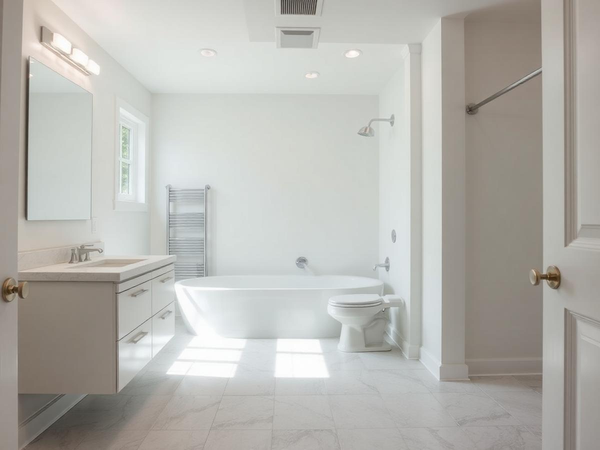 Renovated bathroom with new tile flooring, caulking and fresh paint in Gwinnett County, GA