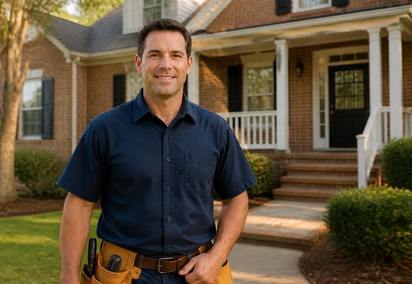 We Fix Homes Georgia handyman outside a brick home in the Atlanta, GA area